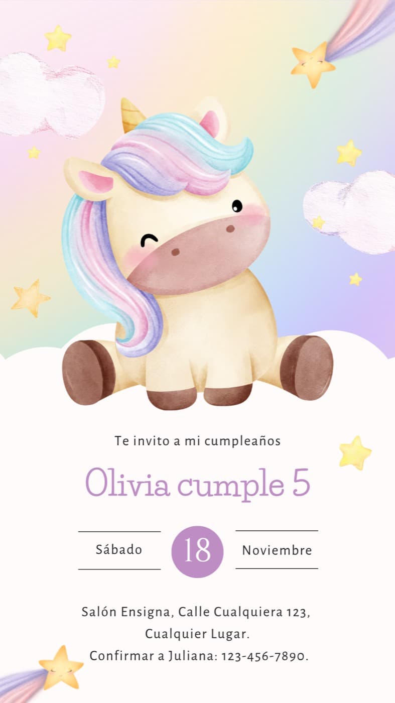Invitation · Enfants — Anniversaire — Licorne — Olivia